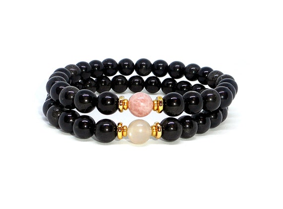 rhodonite and black Obsisiaan Set of 3 bracelets with Rose quartz