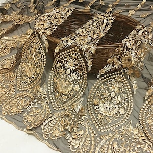 1 Yard Gold Lace Fabric Black Tulle Vintage Palace Embroidered Flower African Wedding Bridal 51" Wide