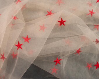 Red Stars Lace Fabric 53" Wide Gauze Fabric Bridal Lace Fabric By The Yard