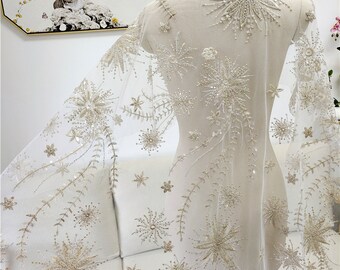 Gold Beaded Lace Fabric, Sequins Lace Fabric, Bridal Lace Fabric, Wedding Dress Fabric By Yard