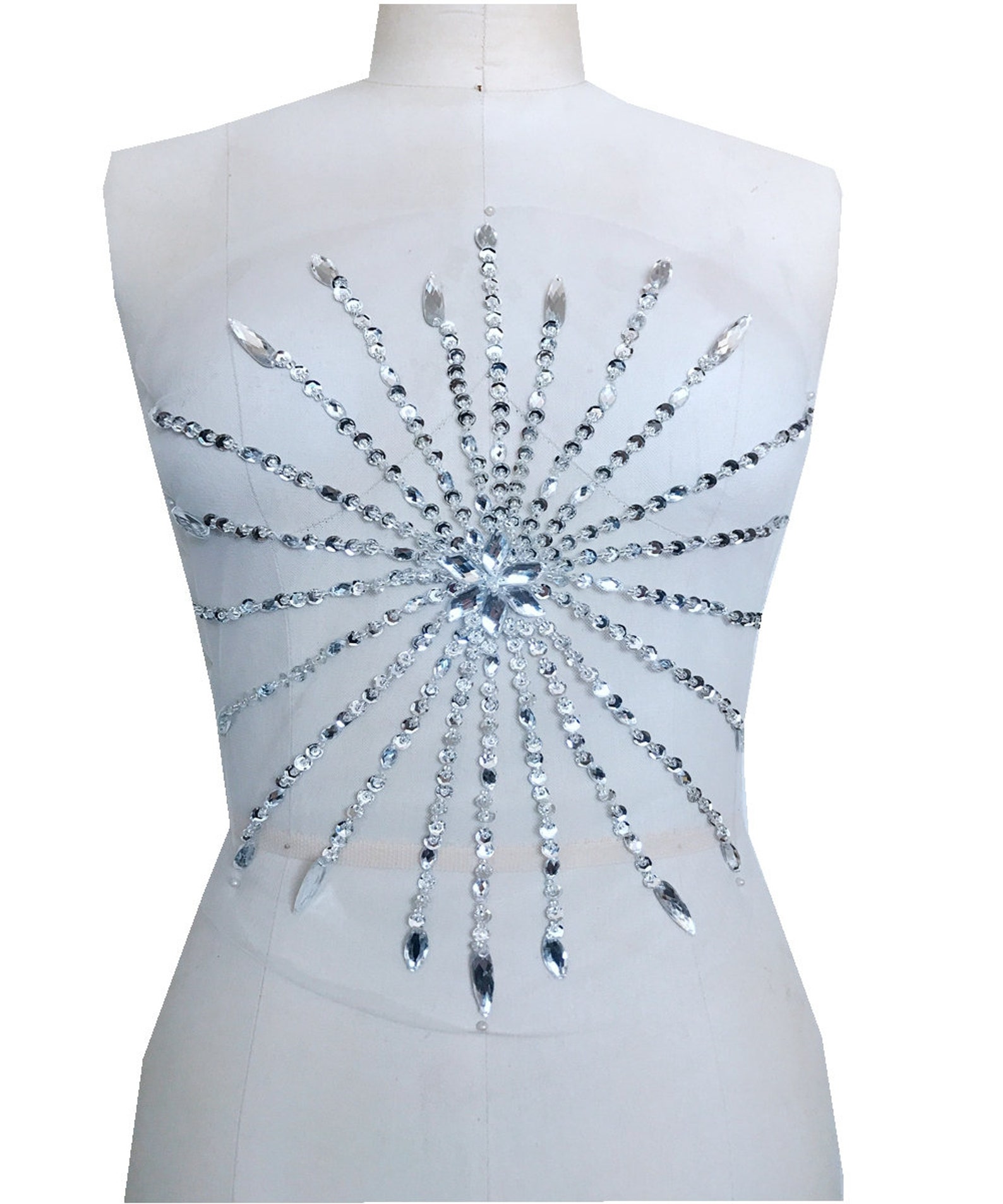 Silver Sun Beaded Applique, Ray Applique on Mesh, Bridal Applique ...