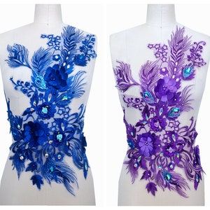 Beautiful Feather Lace Applique, Beaded Rhinestone Bodice Patches With 3d little Rose, Royal Blue/Purple