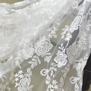 1 yard Rose Lace Fabric Floral Embroidered Soft Gauze Fabric Wedding Dress Bridal Veil Floral Lace Fabric 59&quot; width