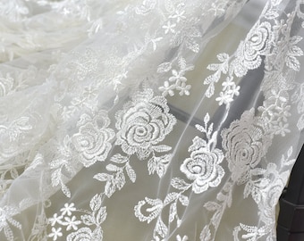 1 yard Rose Lace Fabric Floral Embroidered Soft Gauze Fabric Wedding Dress Bridal Veil Floral Lace Fabric 59" width