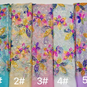 Sequin Embroidery Fabric, Colorful Lace Fabric, Floral Flower Lace Fabric, Multicolor Floral Bridal Dress Fabric By Yard