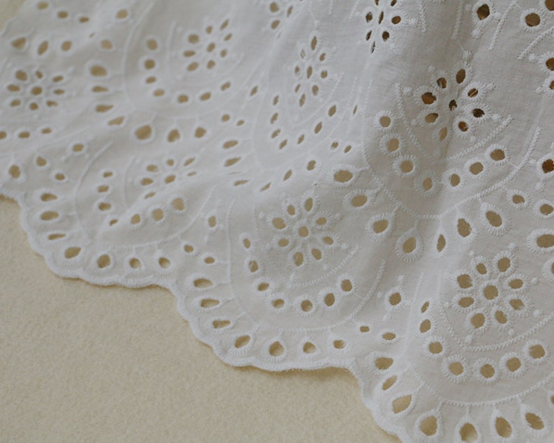 Cotton Lace Fabric Off White Eyelet Scalloped Borders 49 Width 1 Yard image 5