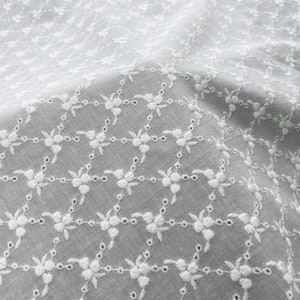 Off White Cotton Fabric With Embroidered Flower, Eyelet Embroidery Flower Fabric, Dress Curtain Fabric 1 Yard