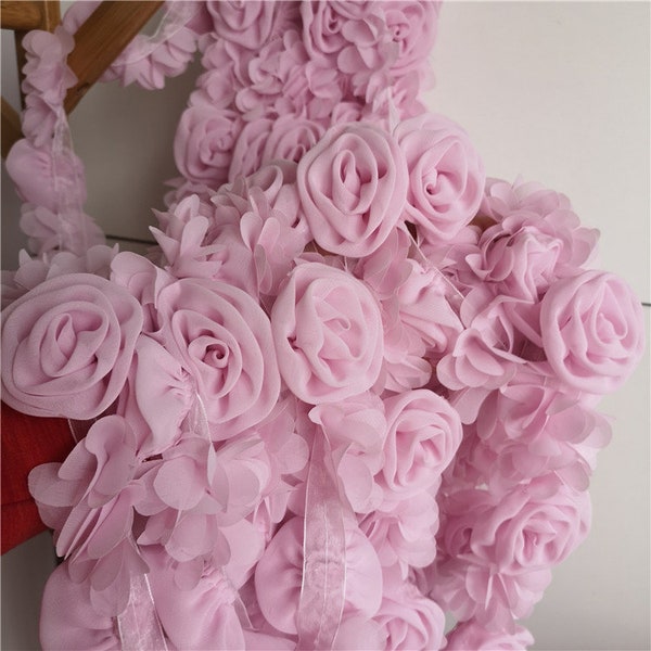 Pale Pink 3D Rose Flower, Chiffon Rose Lace, Wedding Straps, Bridal Sash, Dress Accessories Sold By Meter