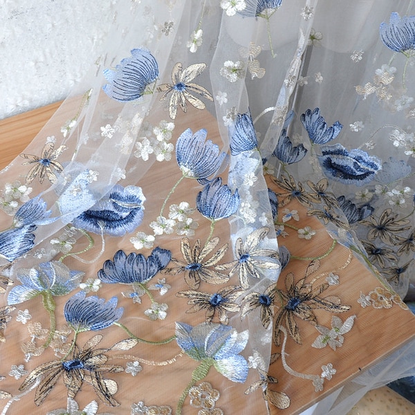 Belle fleur bleue brodée dentelle tissu doux maille robe voile de mariée floral dentelle tissu 51" largeur