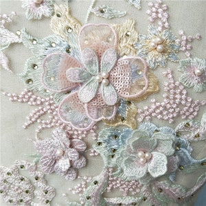 3D Multi-Layered Petals Lace Applique, Faux Pearl Sequin Applique, Floral Trim Lace, Bridal Headpiece Applique
