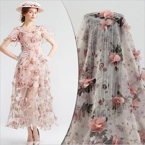 Chiffon Fabric With 3D Pink Rose Flower, Beautiful 3D Lace Fabric, Vivid Rosette Bridal Wedding Gowns Fabric By The Yard