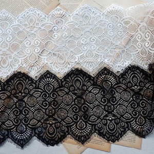 7" Wide Vintage Scalloped Trim With Eyelash Border Lingerie Lace Alice Cape Veils Black/Off White 3 Yards Long