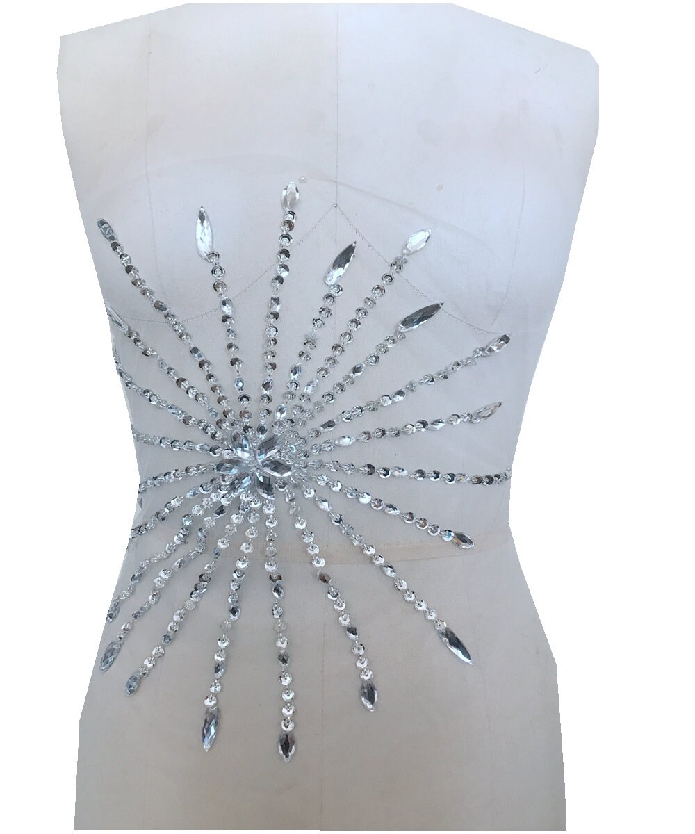 Silver Sun Beaded Applique, Ray Applique on Mesh, Bridal Applique ...