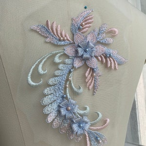 Vivid 3D Pearl Beaded Lace Applique With Blossom For Bridal Dresses, Headwear, Wedding Decor, 1 Piece