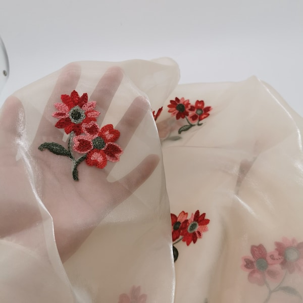 Nouveau petit tissu floral en mousseline de soie, broderie de fleurs, tissu en mousseline de soie rose abricot pour robe de mariée, robe de mariée, robe de bébé, décoration d'intérieur