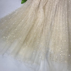 Op de afbeelding: Een close-up van een beige tule stof met gouden pailletten. De stof is doorschijnend en heeft een delicate textuur.