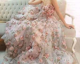 Hermosa tela de organza 3D de gasa rosa con encaje floral, tela para vestido de novia, 1 yarda