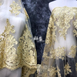 Heavy Gold Lace Fabric, Sequined Alencon Lace Fabric, Corded Embroidered Applique Lace Fabric For Girl Dress, Costume, Bridal Veil