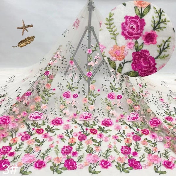 7 Colors Colorful Floral Lace Fabric Rose Flower Leaf Embroidery Tulle For Girl Dress, Wedding Dress, Doll Dress, Backdrop Decor