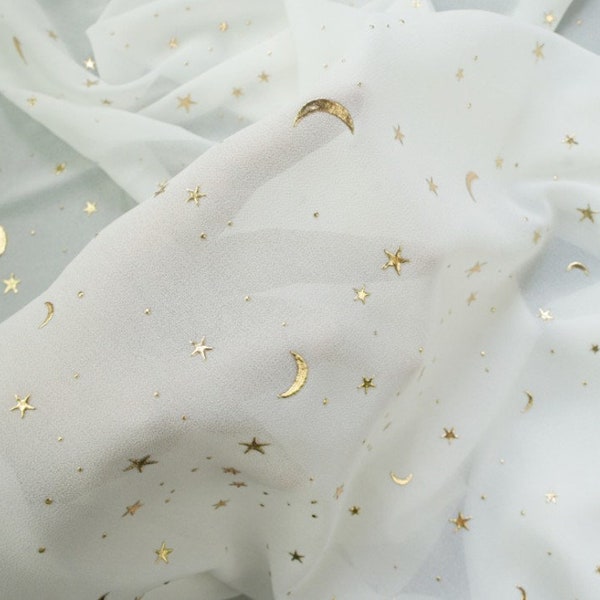 Moon&Stars Chiffon Fabric In Black White For Background, Bridal Gowns