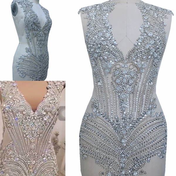 Gorgeous Rhinestone Applique On Mesh, Bodice Patch, Heavy Beaded Applique, Prom Dress Applique