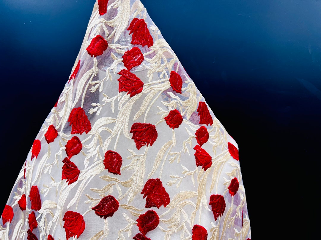 Beautiful Red Rose Flowers Lace Fabric Embroidered Lace Soft Etsy