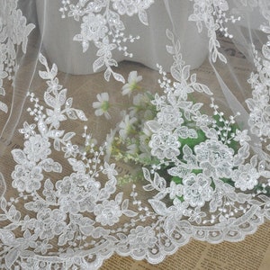 Tela de encaje Alencon color marfil de 1 yarda con lentejuelas florales, tela de encaje de cordón, tela de encaje nupcial para boda