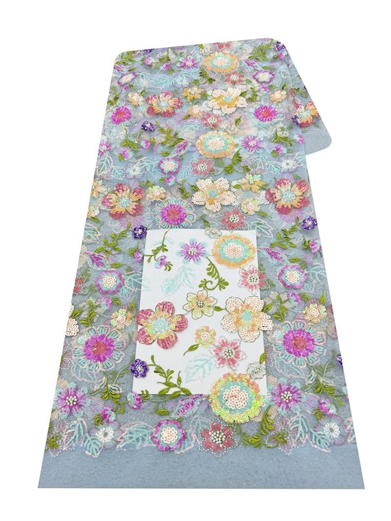 スパンコール刺繍生地、カラフルなレース生地、花柄レース生地、マルチ