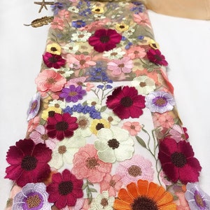 Tissu 3D en dentelle brodée de fleurs, 12 couleurs, tissu floral coloré en tulle pour bébé, robe tutu, robe de banquet, robe de mariée, 51 po. de large image 3