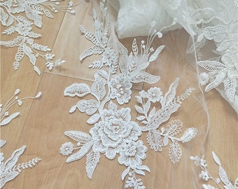 Gorgeous Ivory Lace Embroidered Sequined Appliques Lace Fabric For Girl Dress, Wedding Gowns, Bridal Supplies