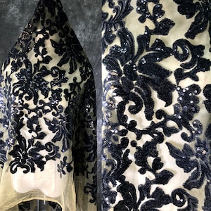 1 yard Retro Sequined Lace Fabric Black Floral Embroidered Tulle Fabric Dress Wedding Veil Floral Lace Fabric 51&quot; width