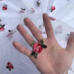 White tulle red rose flower embroidered lace fabric, colorful flower floral lace fabric prom gown, wedding fabric, dress fabric 51&quot; width