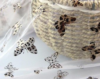 Leopard butterfly print lace fabric off white butterfly tulle fabric for wedding dress, baby dress, veil lace, 1 yard