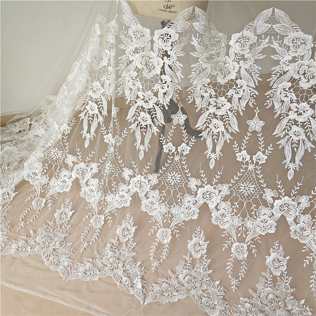 Luxury Embroidered Flower Lace Fabric With Sequins for Bridal Gowns