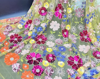 Nueva tela floral con lentejuelas y cuentas, 10 colores de tela para vestidos de flores, tela de malla suave bordada, vestido de novia, ropa para fiestas en la playa.
