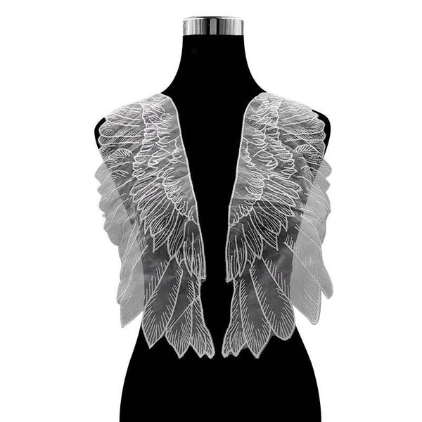 Grande applique en dentelle brodée d'ailes d'ange en organza, une paire d'appliques noires ou blanc cassé, motif de garniture de patch pour la décoration de costume
