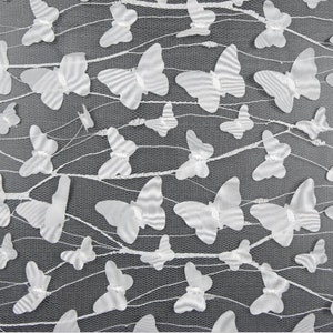 Butterfly Fabric, Off White Butterfly Mesh Lace Fabric, 3D Butterfly Tulle Fabric, Bridal Lace Fabric 51&quot; Width 1 Yard