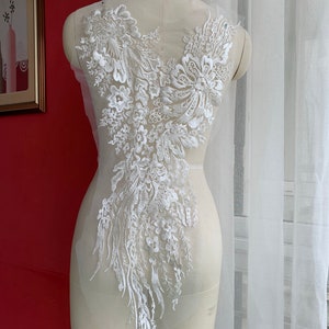 1 Piece Big Size Ivory Lace Applique Elegant Sequins Applique For Wedding Gown, Bridal Dress, Bodice, Costume