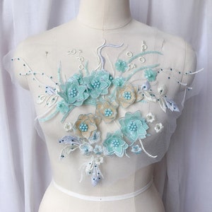 1pcs Mint green pearl bead lace applique with 3d flower mesh wedding applique bridal headpiece headband fabric