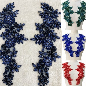 1 Pair Beaded Rhinestone Lace Applique Motif Patch For Evening Dress DIY Decorative Costume Design