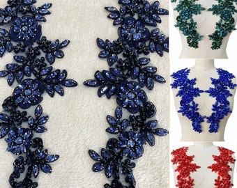 1 Pair Beaded Rhinestone Lace Applique Motif Patch For Evening Dress DIY Decorative Costume Design