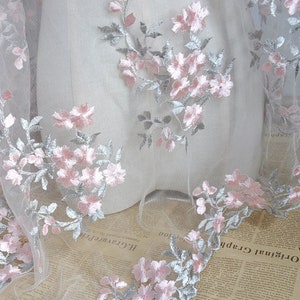 Beautiful Venice Lace Fabric Pink Floral Embroidered Ivory Tulle Fabric Evening Gowns By The Yard 51 Wide image 4