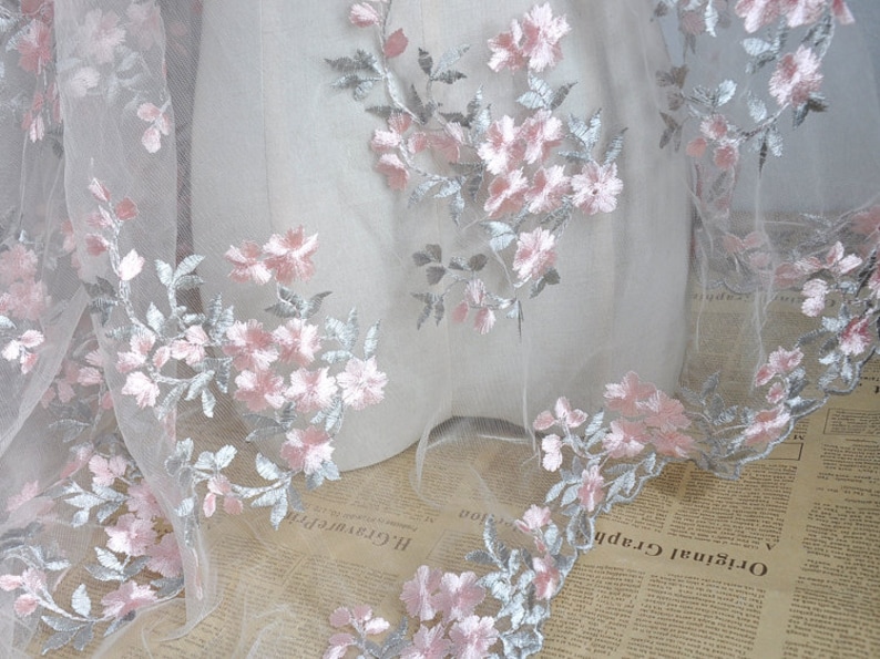 Beautiful Venice Lace Fabric Pink Floral Embroidered Ivory Tulle Fabric Evening Gowns By The Yard 51 Wide image 4