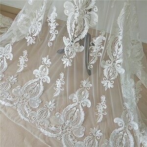 Vintage flower lace fabric in ivory, beautiful tulle embroidery fabric, bridal lace fabric, wedding dress fabric by yard