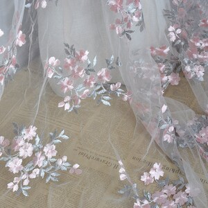 Beautiful Venice Lace Fabric Pink Floral Embroidered Ivory Tulle Fabric Evening Gowns By The Yard 51 Wide image 7