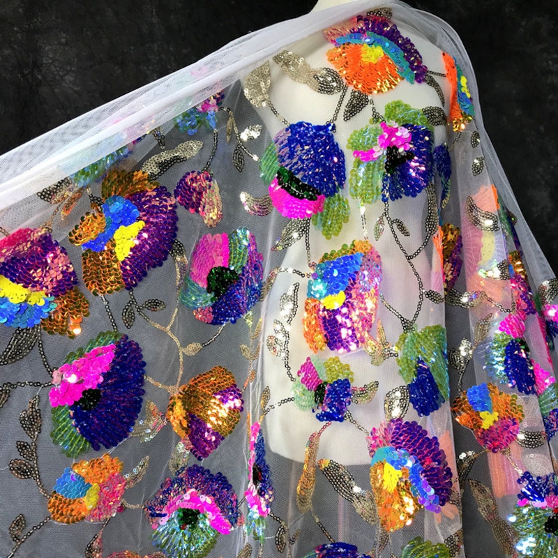 Sequined Corded Lace Fabric with Floral & Leaf Embroidery on Soft Tulle Mesh Base