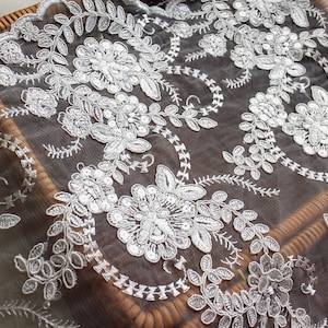 Exquisite Alencon Corded Lace Fabric With Sequins In Off White 22" Width 1 Yard