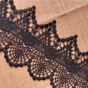 Antique Cotton Lace Trim, Black Crochet Lace, Rose Lace Trim With Scalloped Edge 4.72 Inches Wide 1 Yard