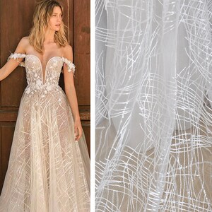 1 Yard Weißer Pailletten-Spitzenstoff Mit unregelmäßiger Linie Für Abendkleider, Mädchenkleid, Haute Couture, Weihnachtsdekor 130 cm Breite