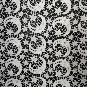 Crocheted Moon&Stars Water Soluble Lace Fabric, Hollowed Out Milk Silk Fabric, Off White Bridal Lace Fabric By The Yard